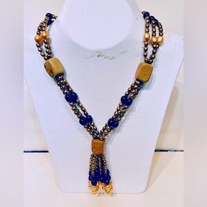 Handmade 3-strand gold brown cultured pearls jasper beads necklace & pendant